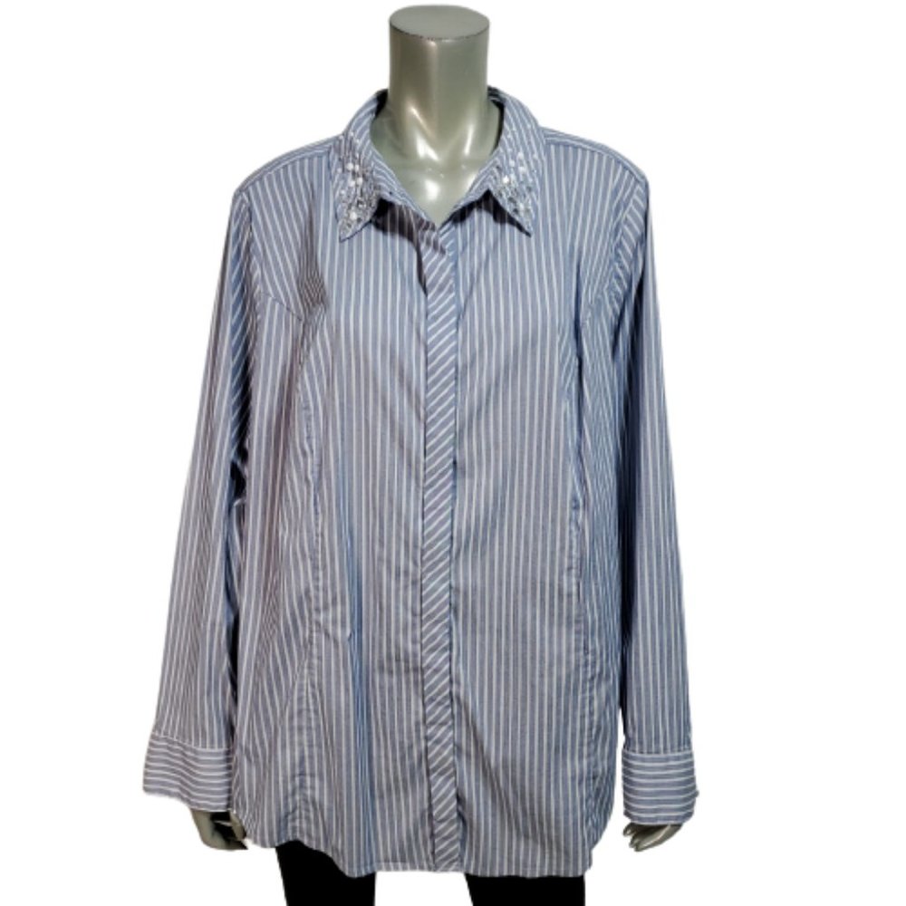Lane Bryant Womens Top Plus Sz 24 Rhinestone Collar Stretch‎ Cotton Striped Blue